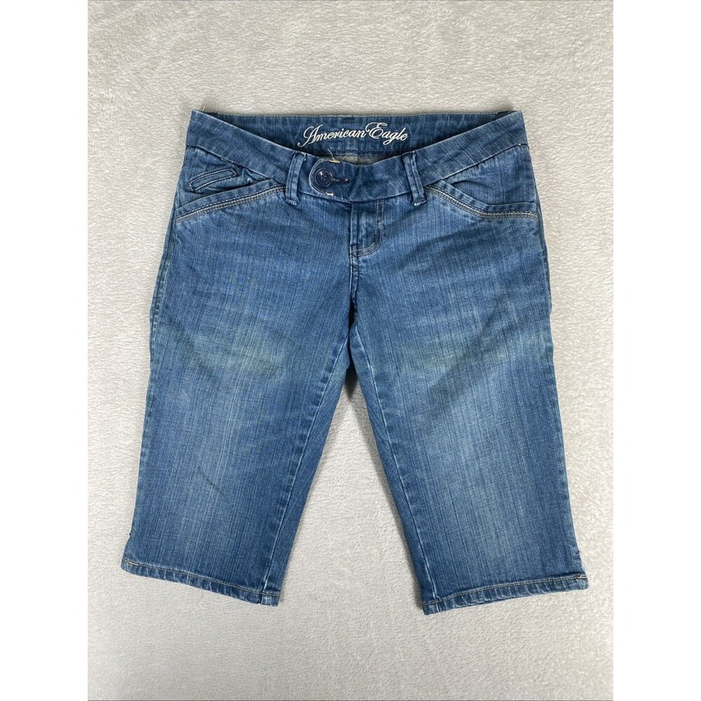 American Eagle Bermuda Shorts Women's 4 Y2k 90s Blue Denim capri Preppy Slit